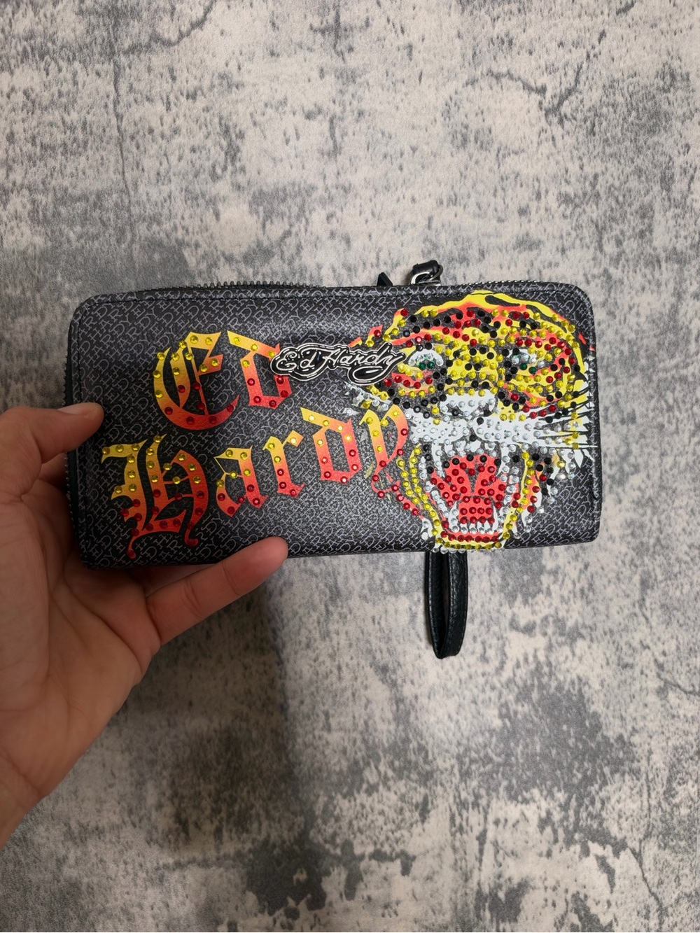 Ed Hardy Black Wallet with Yellow and Red Tiger Design